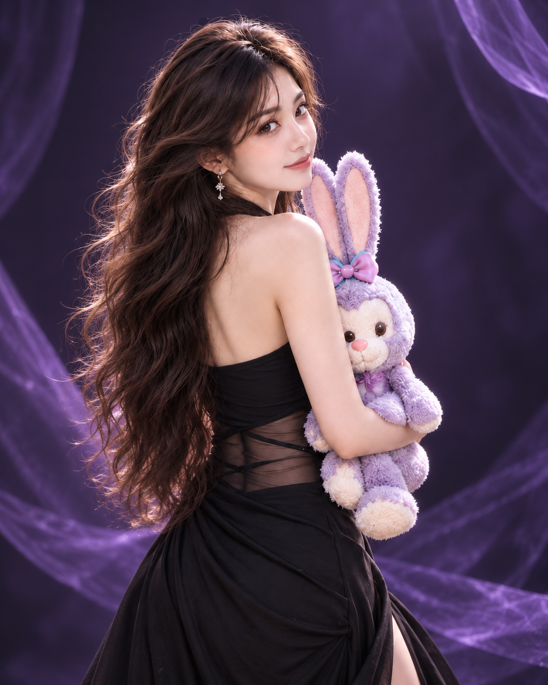 黑色服裝的 AI 人物抱著紫色兔子，呈現圖像創作情境
